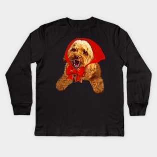 Little red riding Cava- Cute Cavapoo Cavoodle puppy dog with red hood  - cavalier king charles spaniel poodle, puppy love Kids Long Sleeve T-Shirt